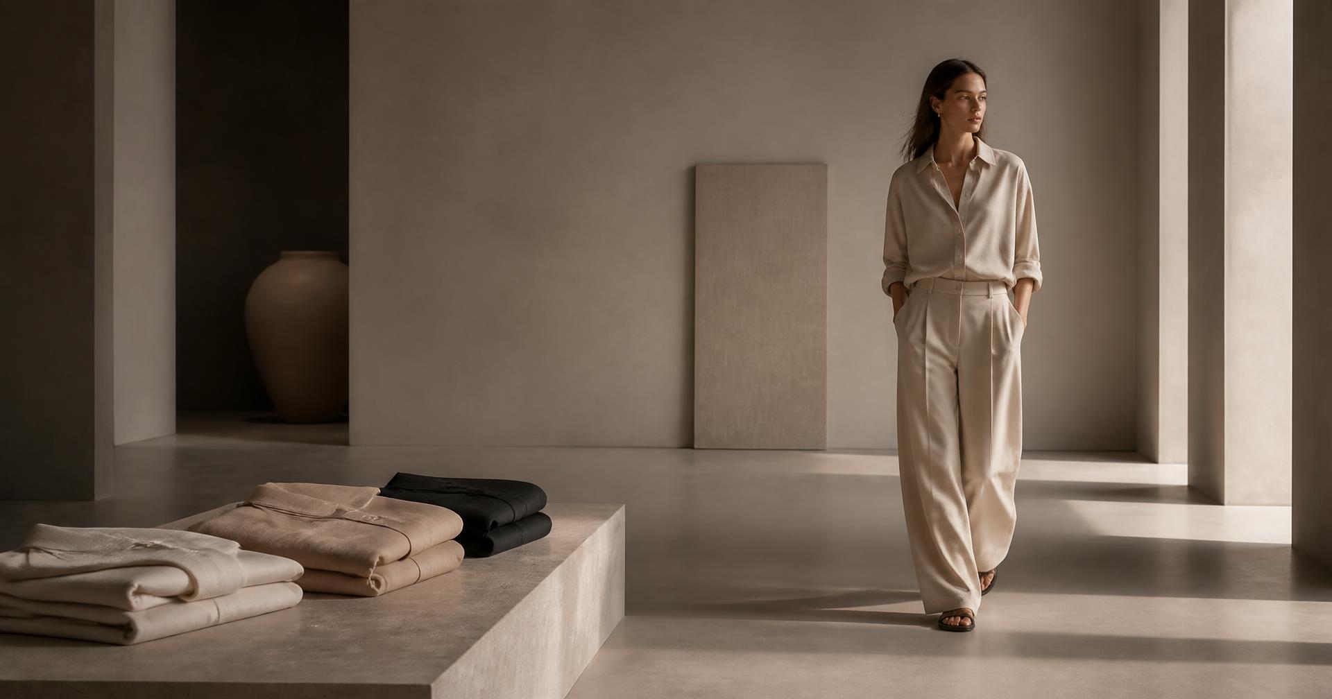 Neutral garments in a sunlit minimal interior